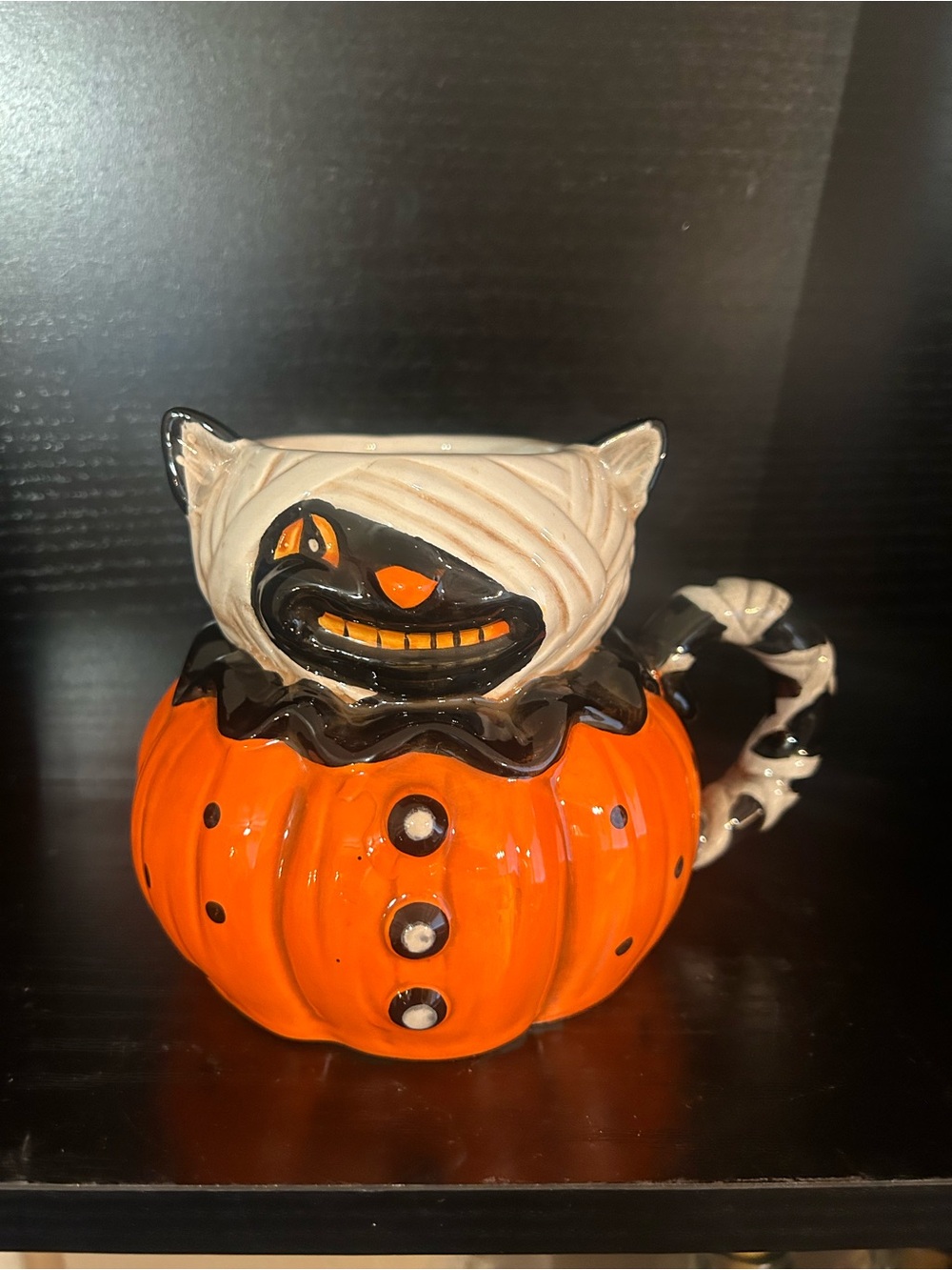 Ceramic Pumpkin Mug with Mummy Cat Accent - Orange and White